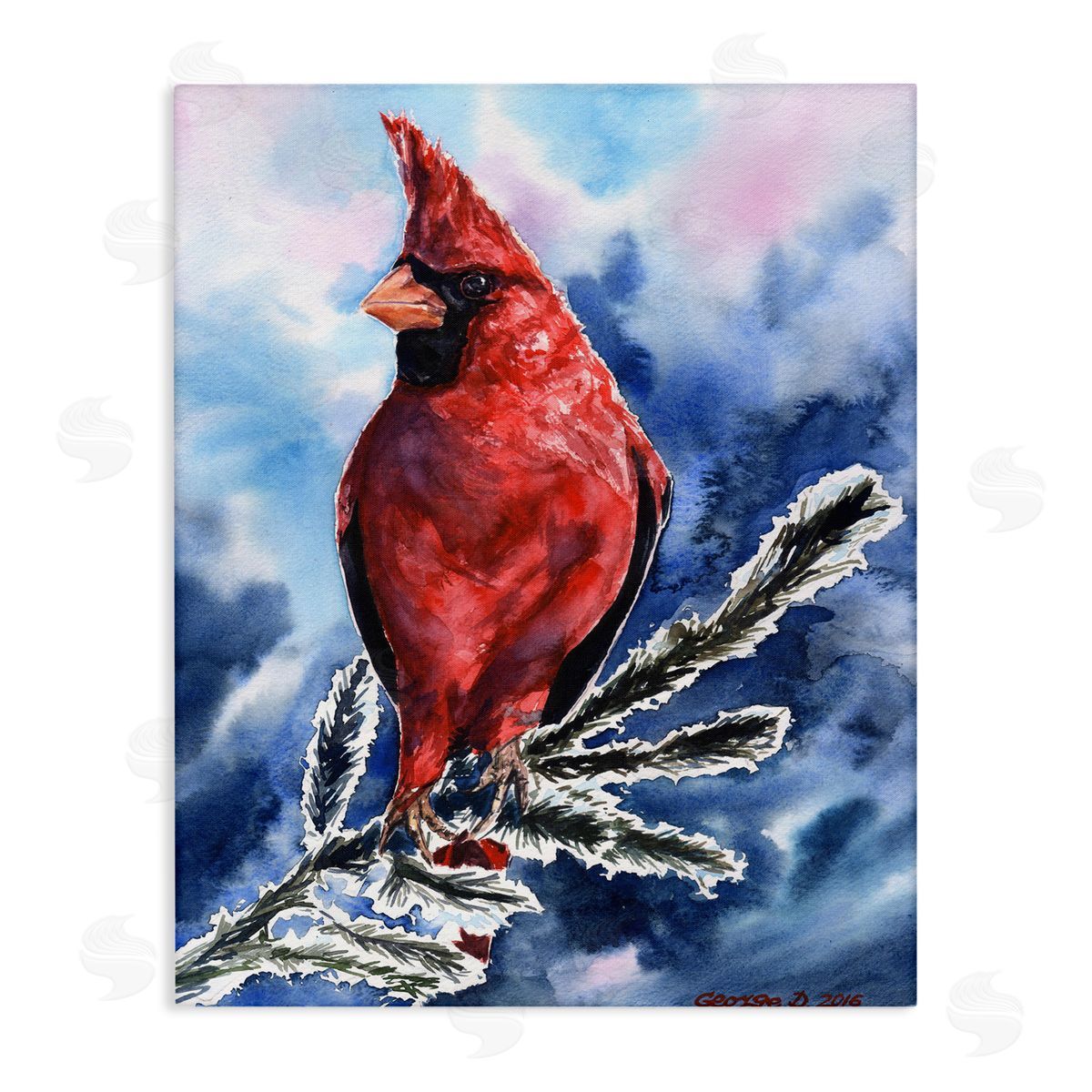 George Dyachenko Red Cardinal Perched on Pine Branch over Blue Canvas Wall Art