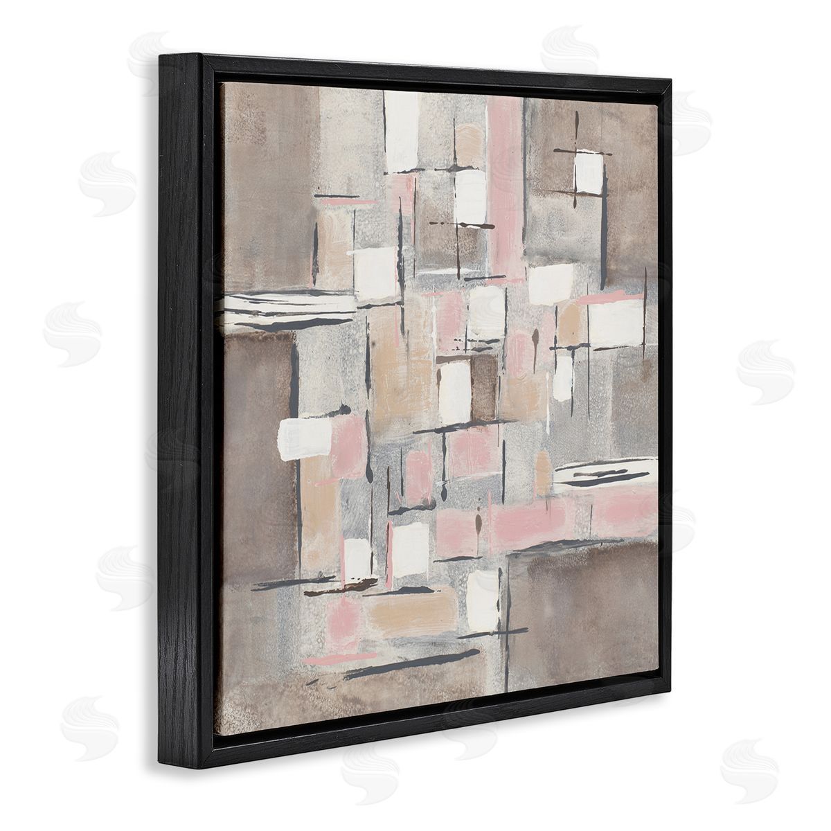 Merri Pattinian Pink Brown Patchwork Abstract Geometric Grid Black Floater Frame Canvas Art
