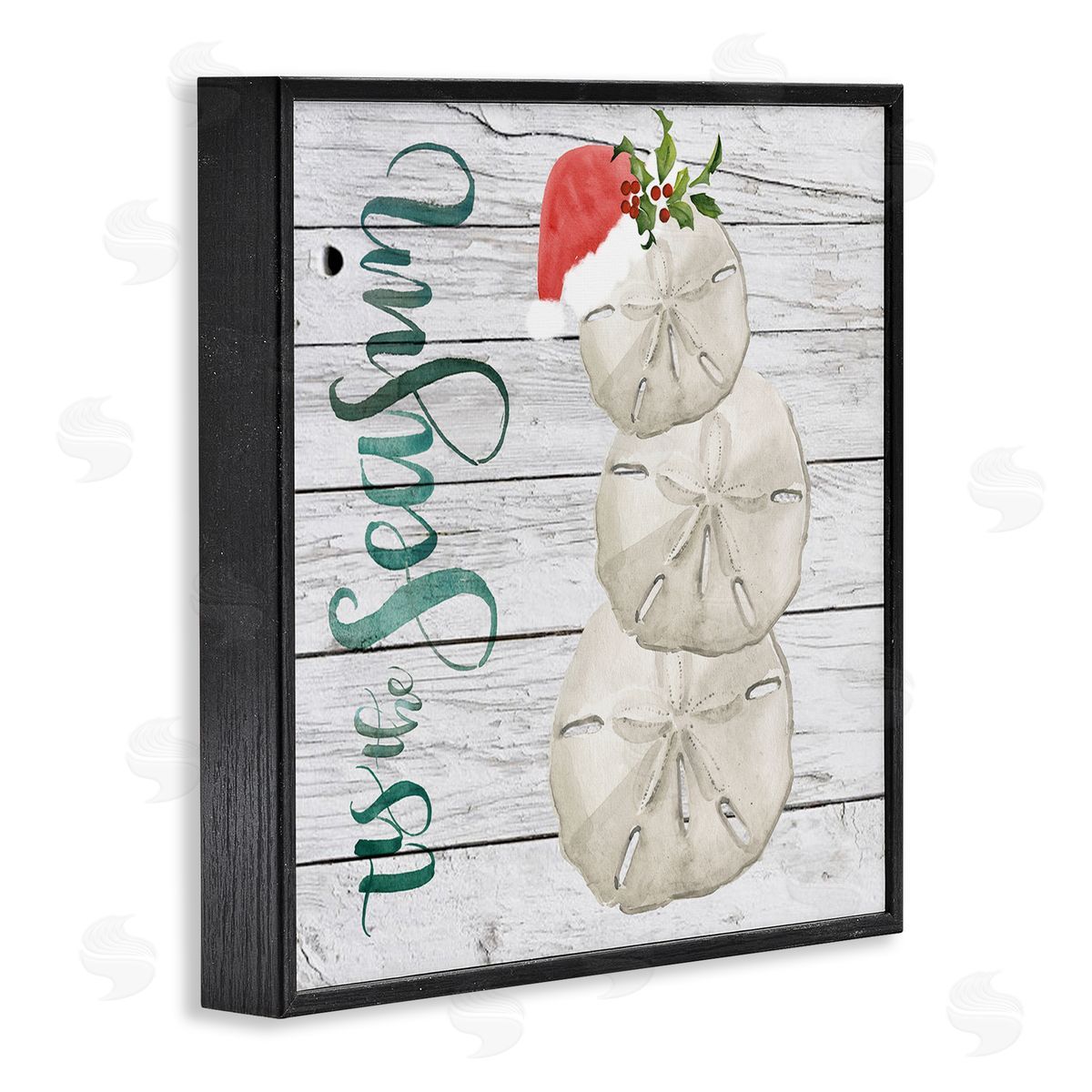 Jennifer Paxton Parker Tis the Sea Sun Phrase Christmas Sand Dollars Black Framed Giclee Wall Art