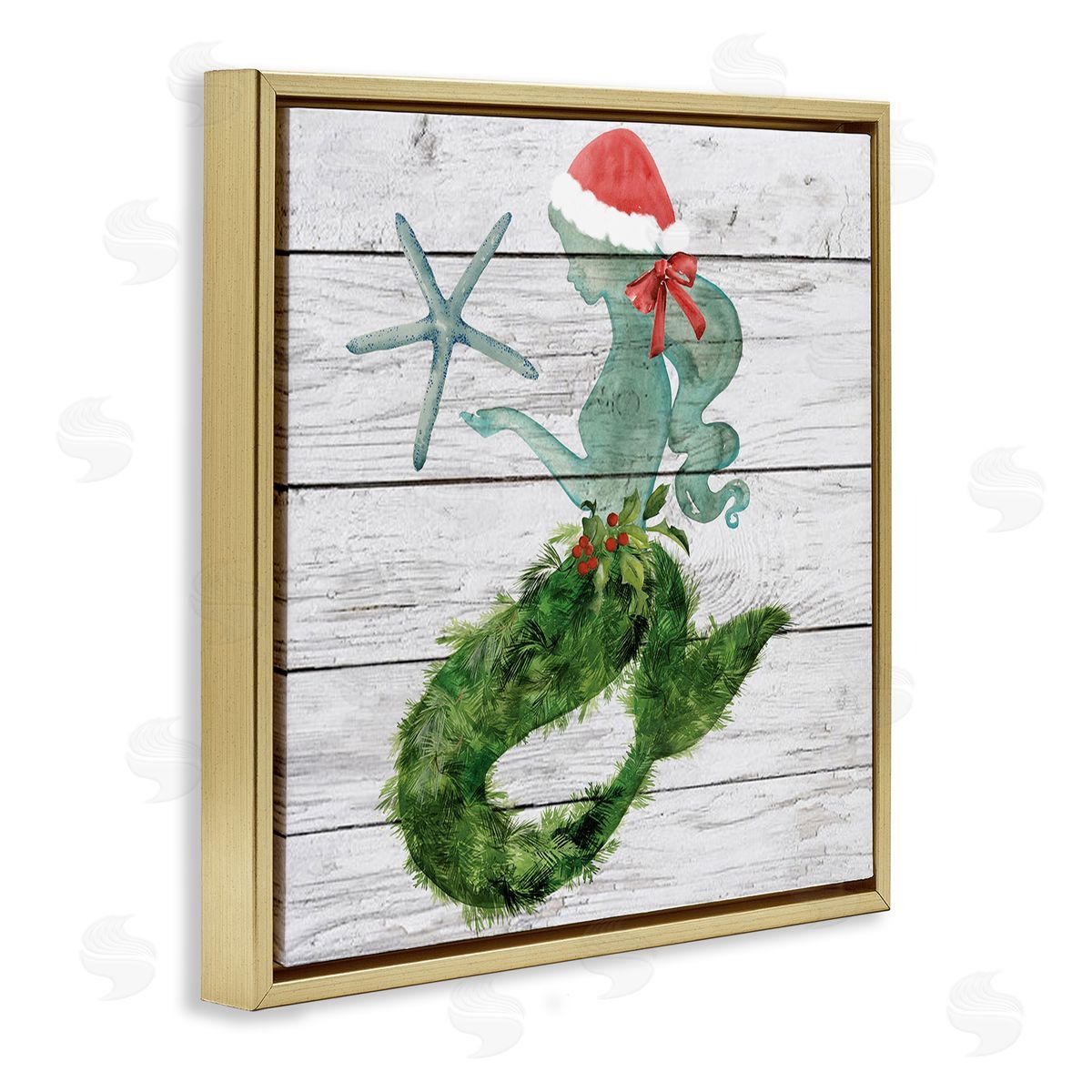 Christmas Mermaid & Winter Holly Gold Floating Frame Canvas Wall Art, Home Decor by Jennifer Paxton Parker
