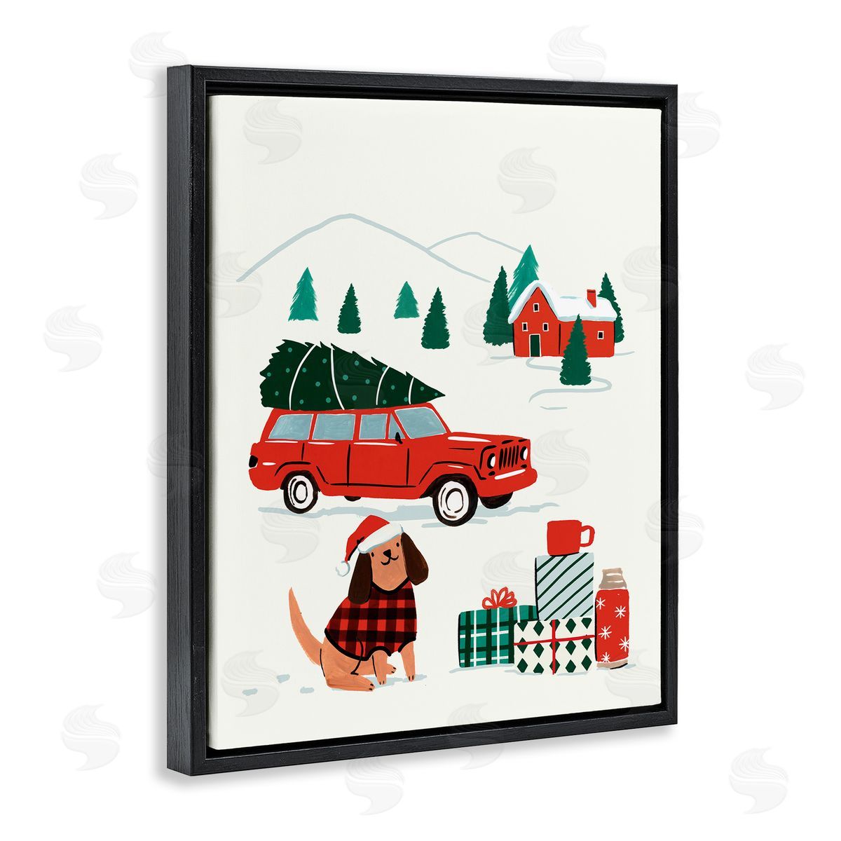 Victoria Barnes Vintage Red Car Christmas Festive Santa Dog Black Floater Frame Canvas Art