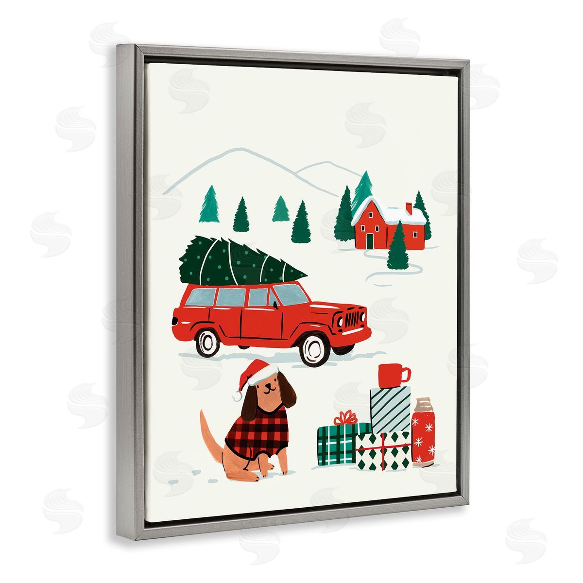 Victoria Barnes Vintage Red Car Christmas Festive Santa Dog Gray Floater Frame Canvas Art