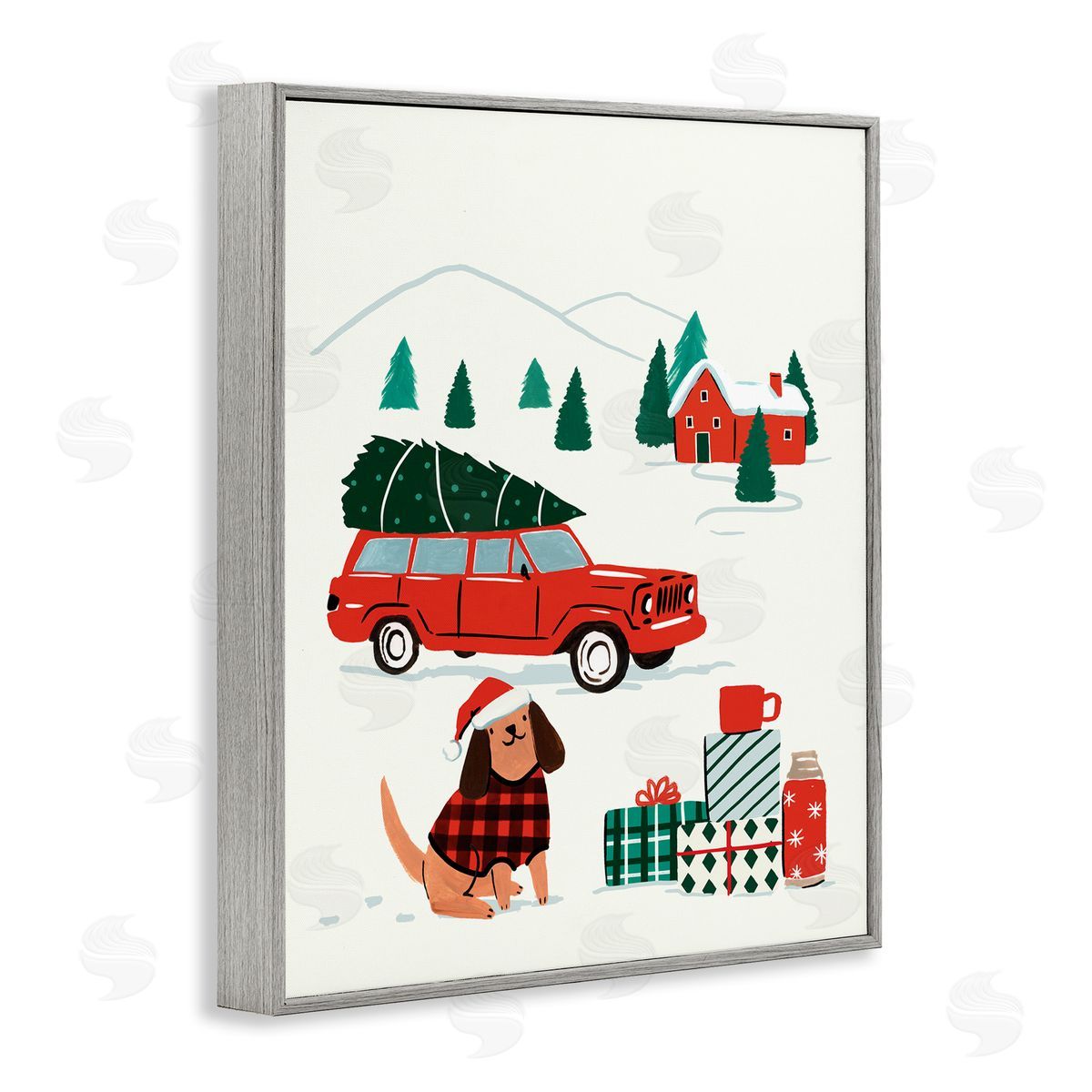 Victoria Barnes Vintage Red Car Christmas Festive Santa Dog Gray Framed Giclee Wall Art