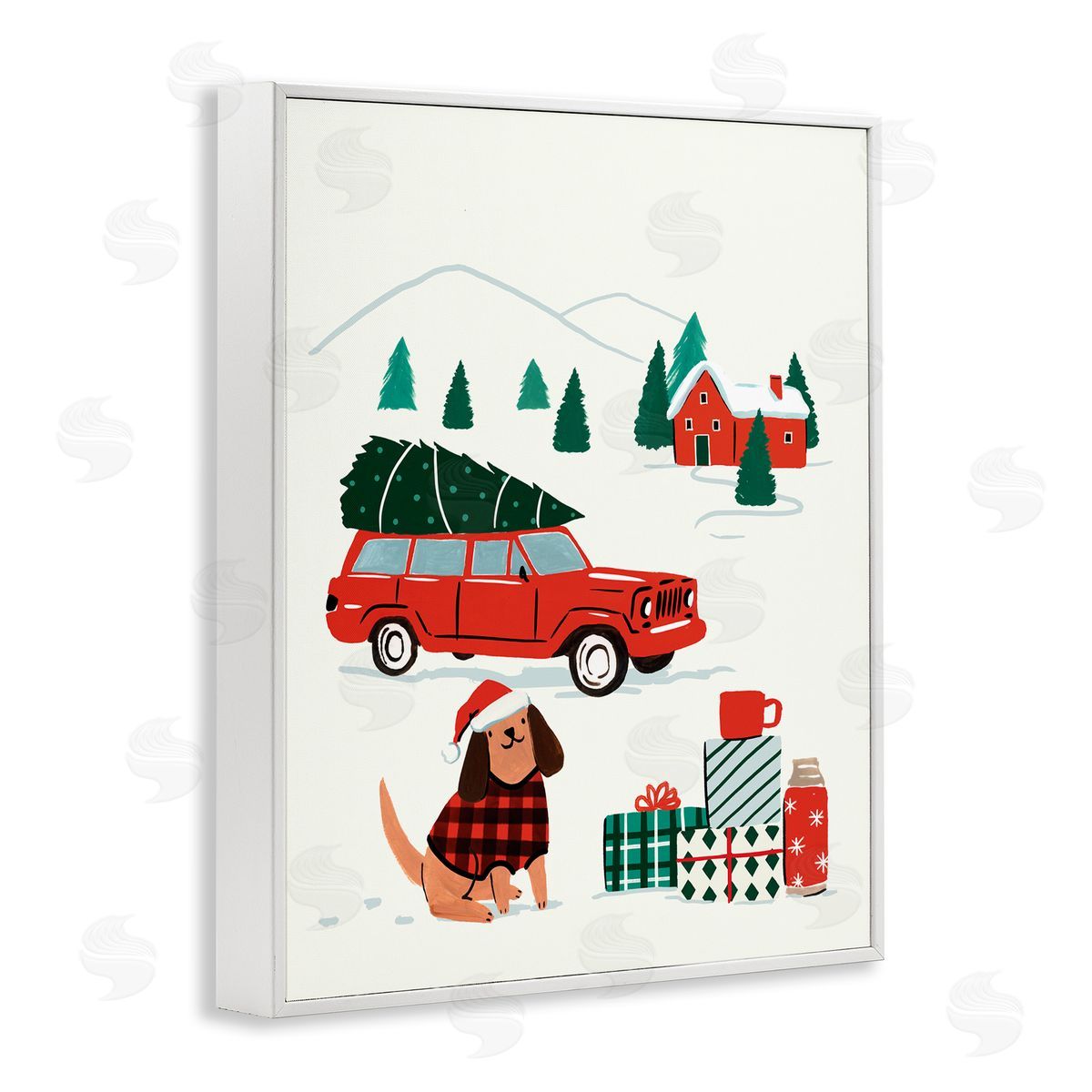 Victoria Barnes Vintage Red Car Christmas Festive Santa Dog White Framed Giclee Wall Art
