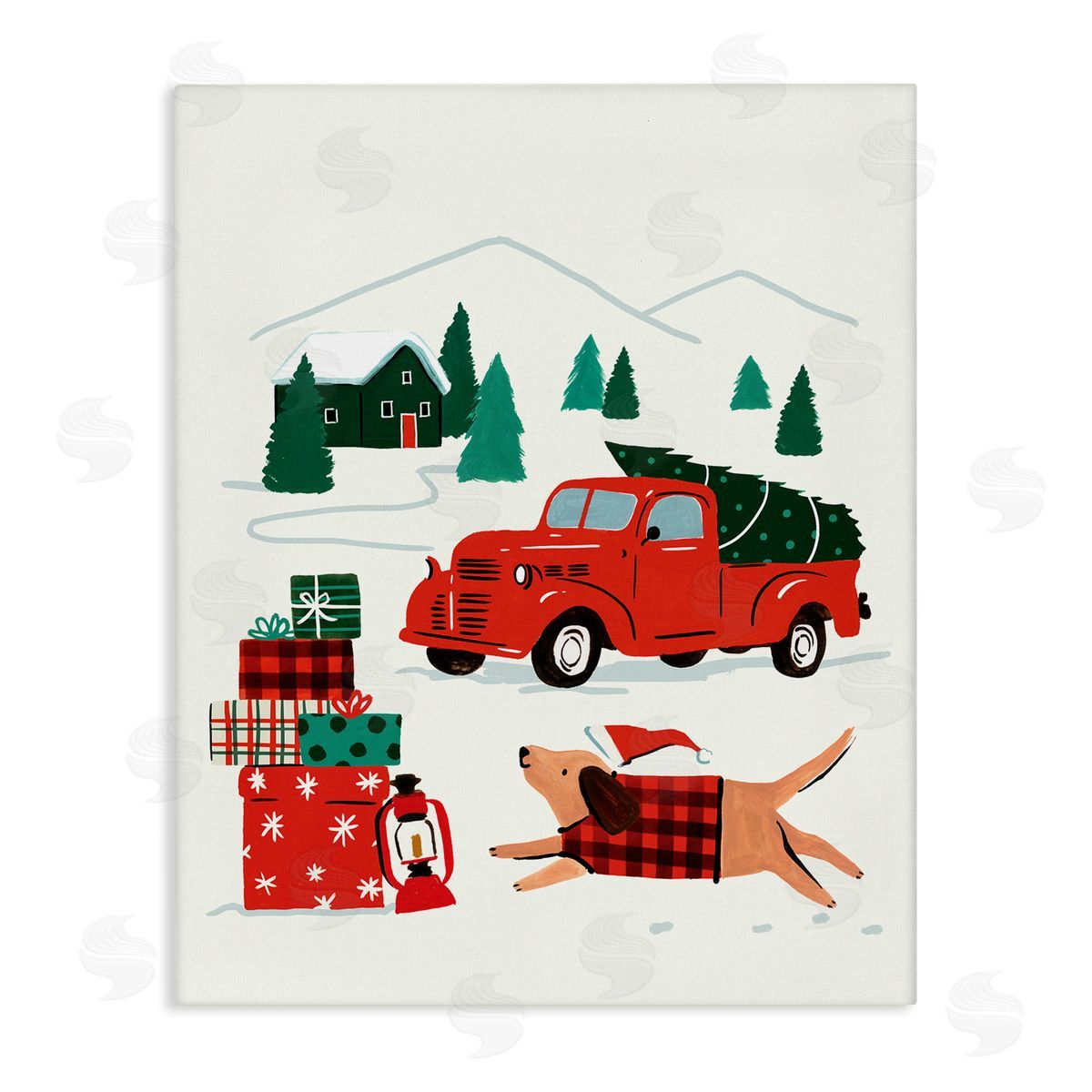 Victoria Barnes Retro Christmas Cottage Landscape Festive Dog Hat Canvas Wall Art