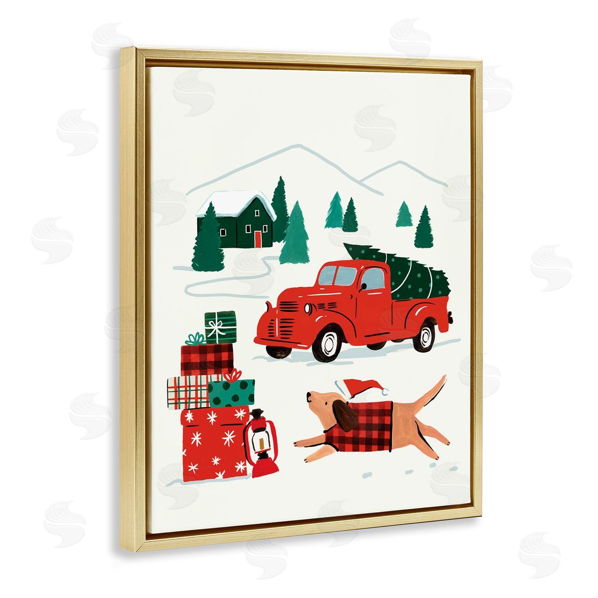 Victoria Barnes Retro Christmas Cottage Landscape Festive Dog Hat Gold Floater Frame Canvas Art