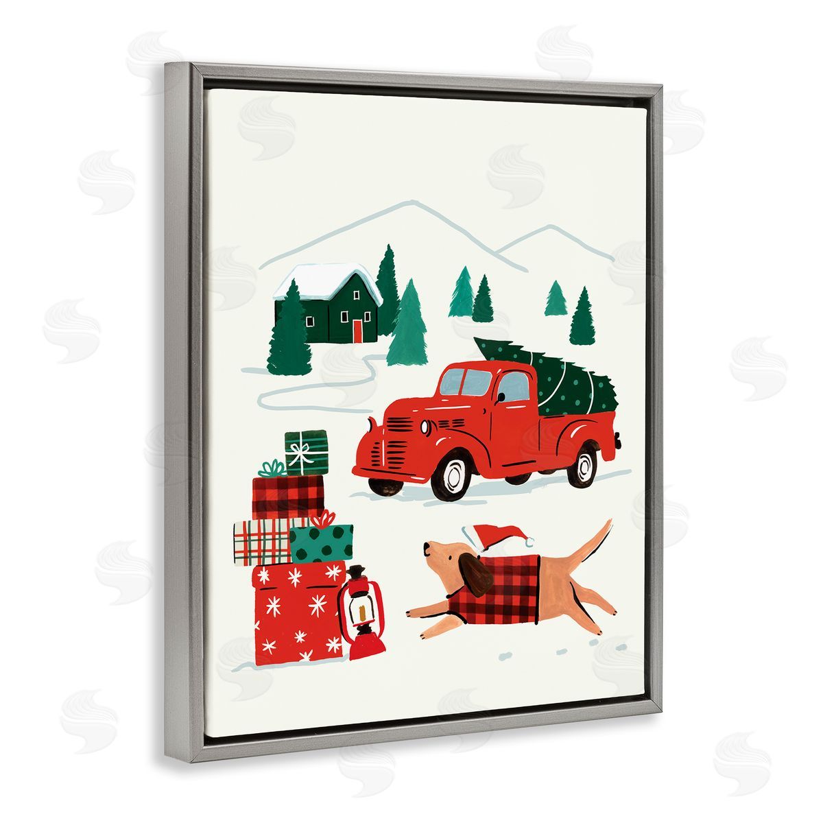 Victoria Barnes Retro Christmas Cottage Landscape Festive Dog Hat Gray Floater Frame Canvas Art