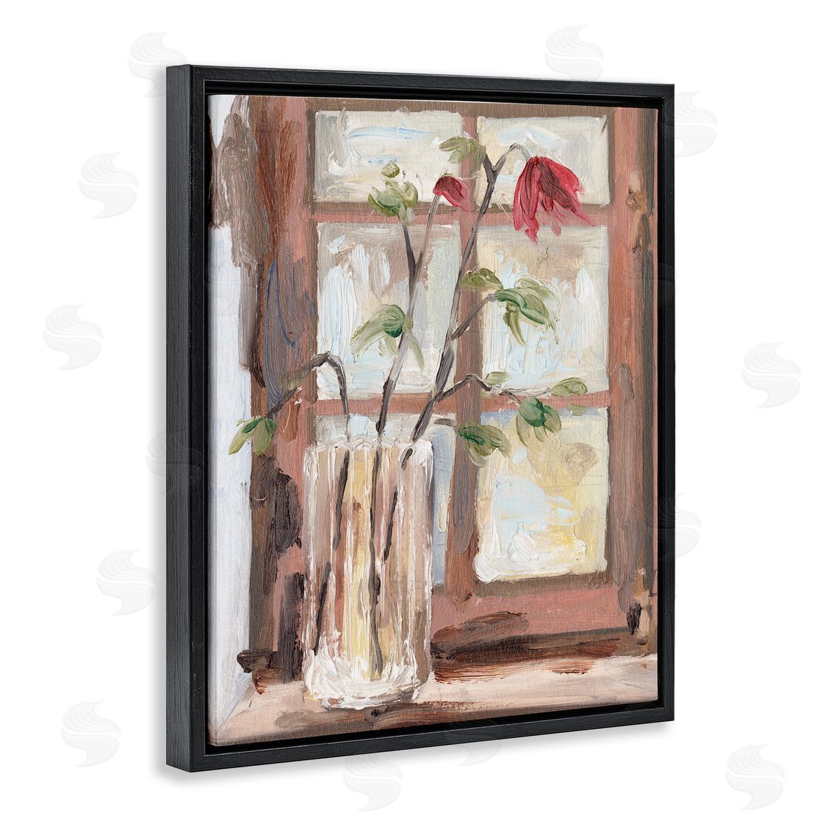 Melissa Wang Soft Red Florals Window Pane Flower Vase Black Floater Frame Canvas Art