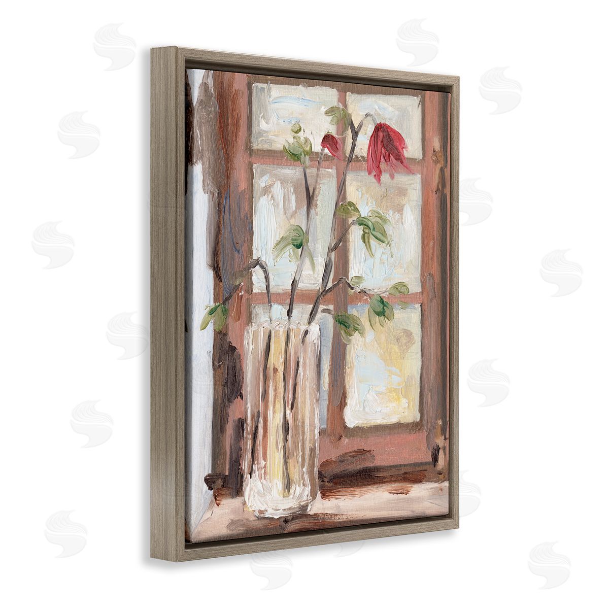 Melissa Wang Soft Red Florals Window Pane Flower Vase Brown Floater Frame Canvas Art