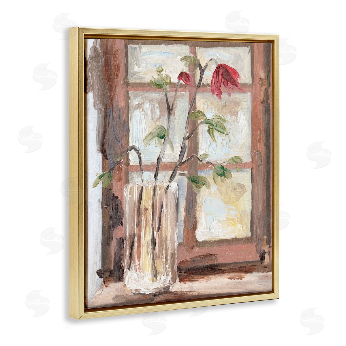 Melissa Wang Soft Red Florals Window Pane Flower Vase Gold Floater Frame Canvas Art