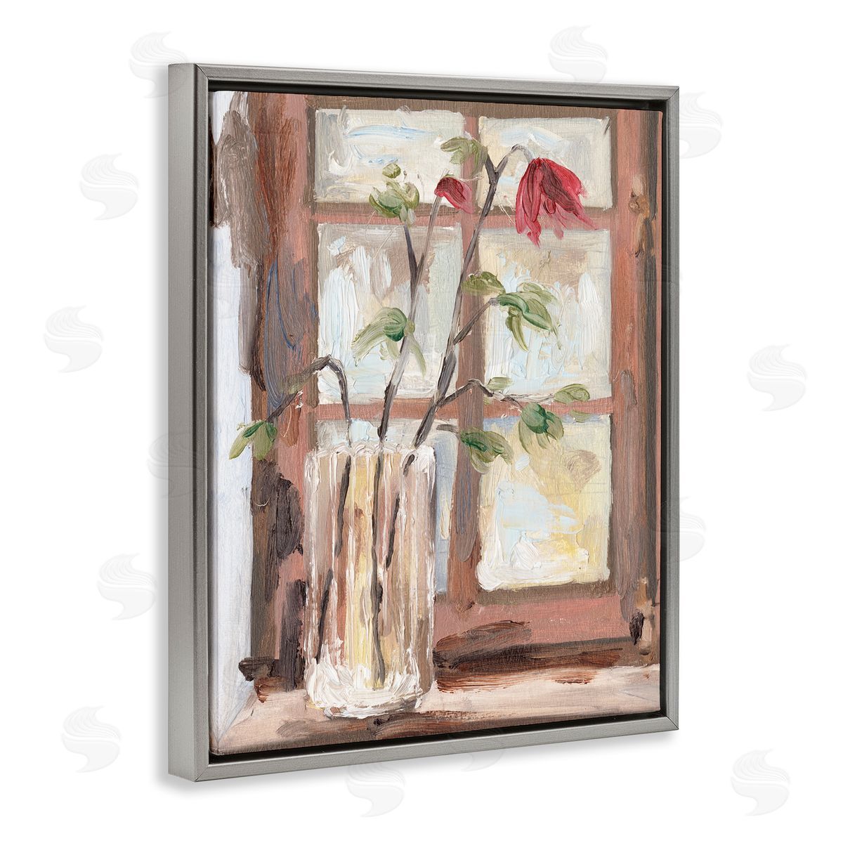 Melissa Wang Soft Red Florals Window Pane Flower Vase Gray Floater Frame Canvas Art