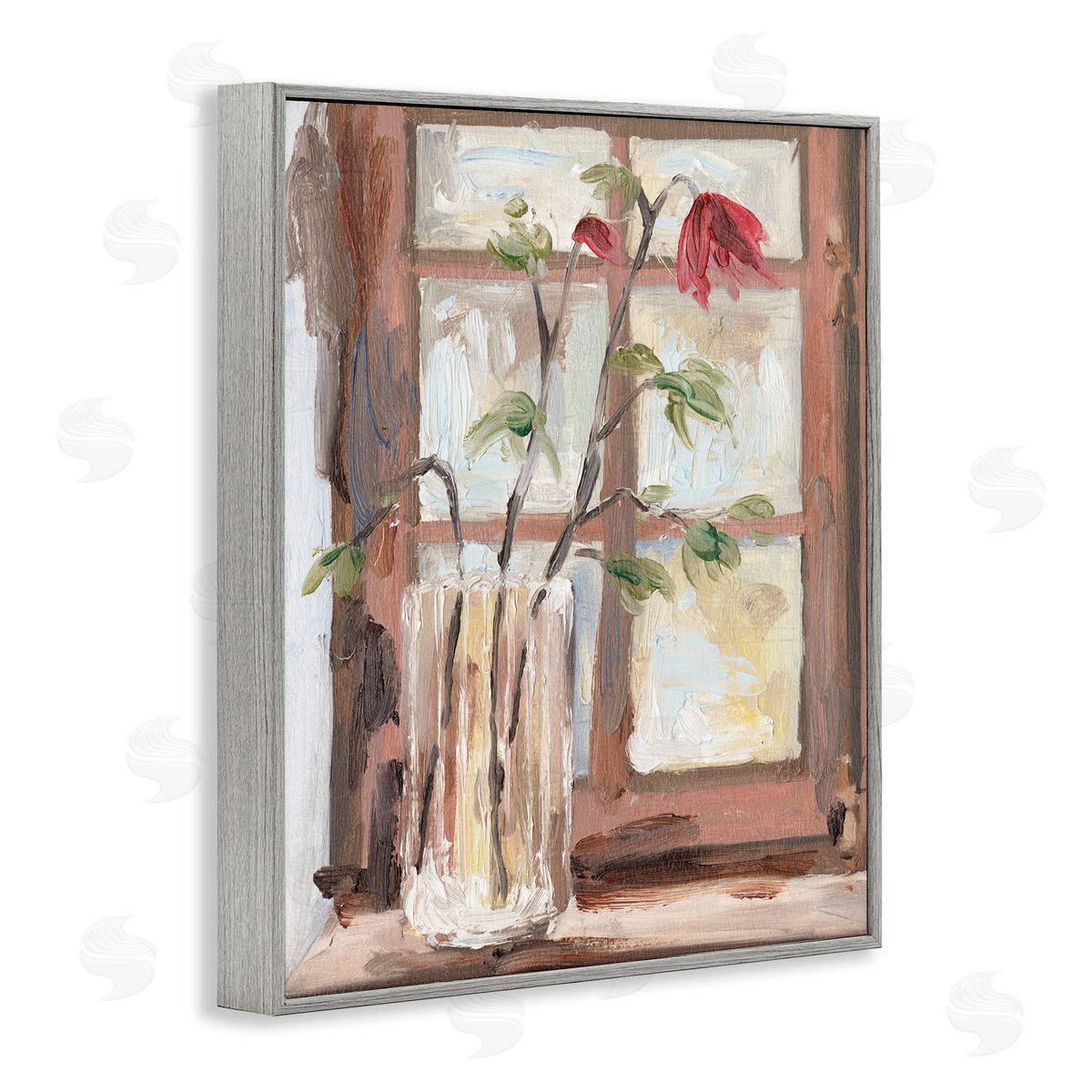 Melissa Wang Soft Red Florals Window Pane Flower Vase Gray Framed Giclee Wall Art