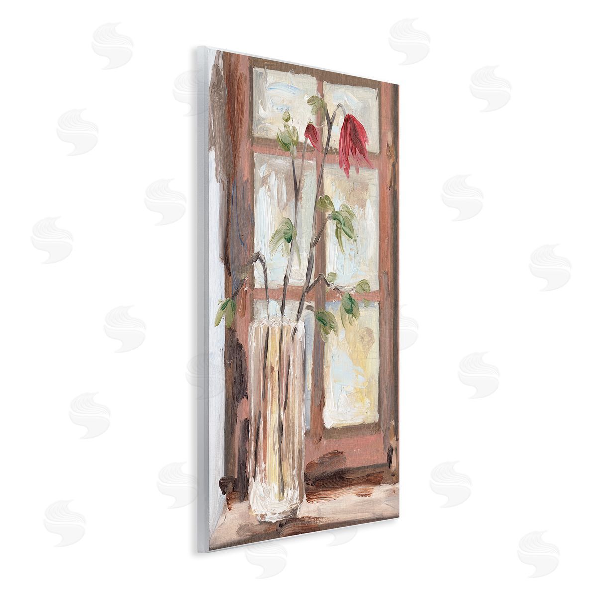 Melissa Wang Soft Red Florals Window Pane Flower Vase Wall Plaque Art