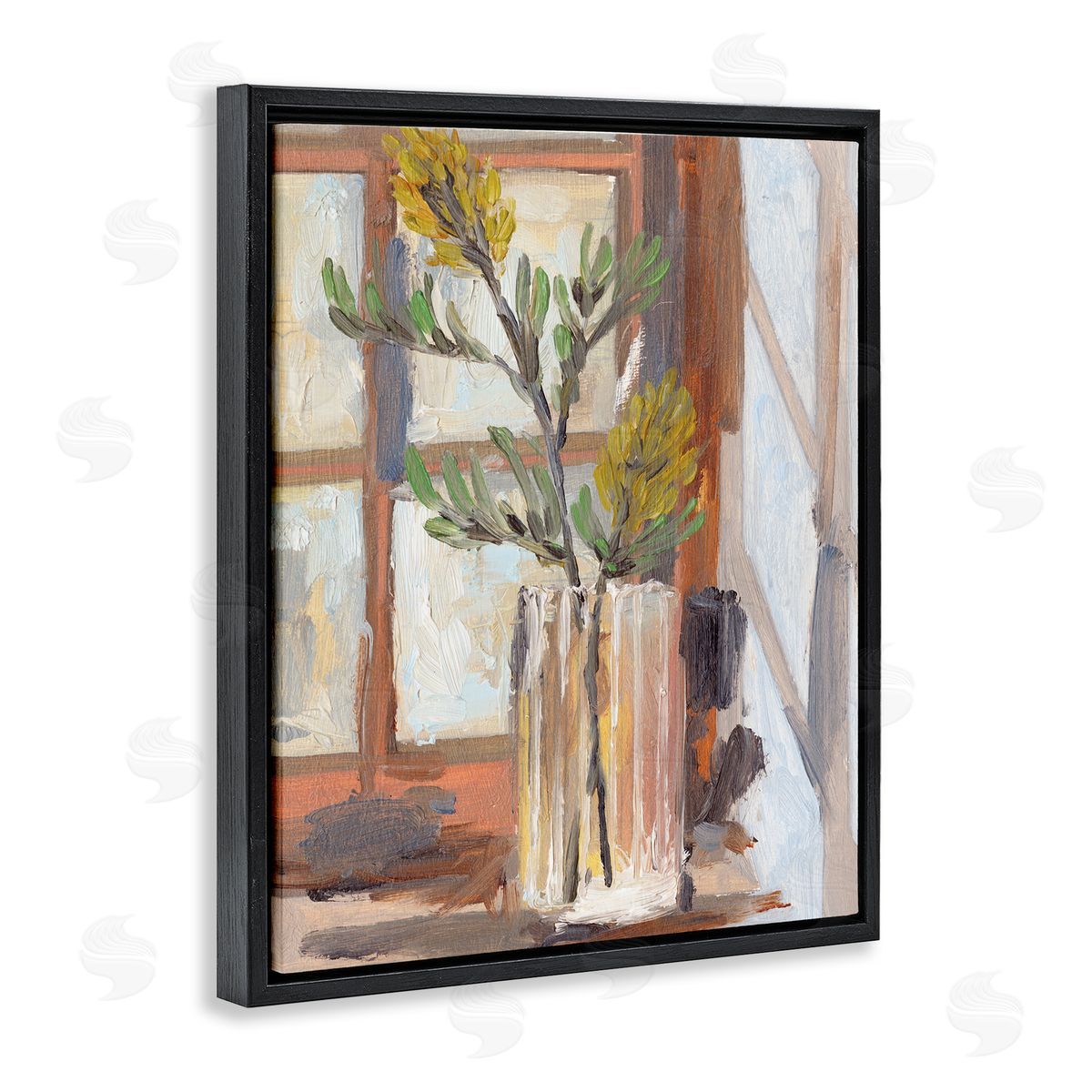 Melissa Wang Charming Yellow Floral Jar Window Sill Flowers Black Floater Frame Canvas Art