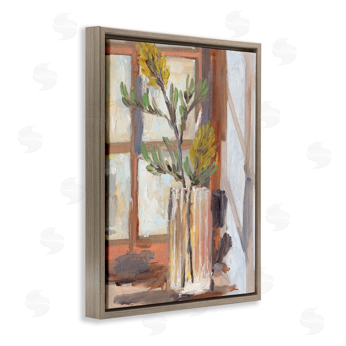 Melissa Wang Charming Yellow Floral Jar Window Sill Flowers Brown Floater Frame Canvas Art