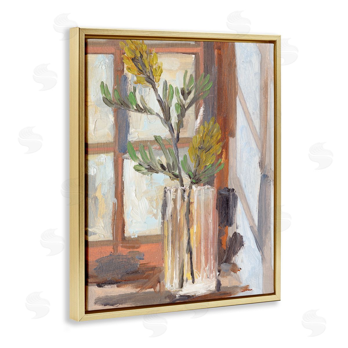 Melissa Wang Charming Yellow Floral Jar Window Sill Flowers Gold Floater Frame Canvas Art
