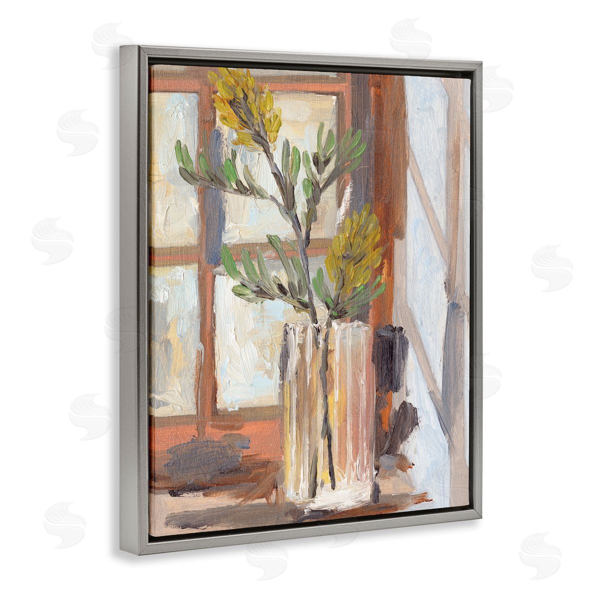 Melissa Wang Charming Yellow Floral Jar Window Sill Flowers Gray Floater Frame Canvas Art