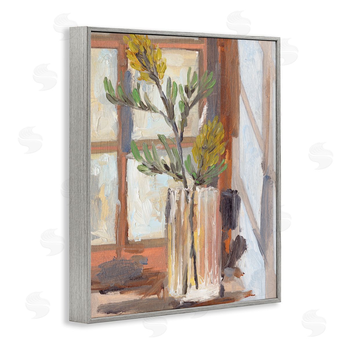 Melissa Wang Charming Yellow Floral Jar Window Sill Flowers Gray Framed Giclee Wall Art