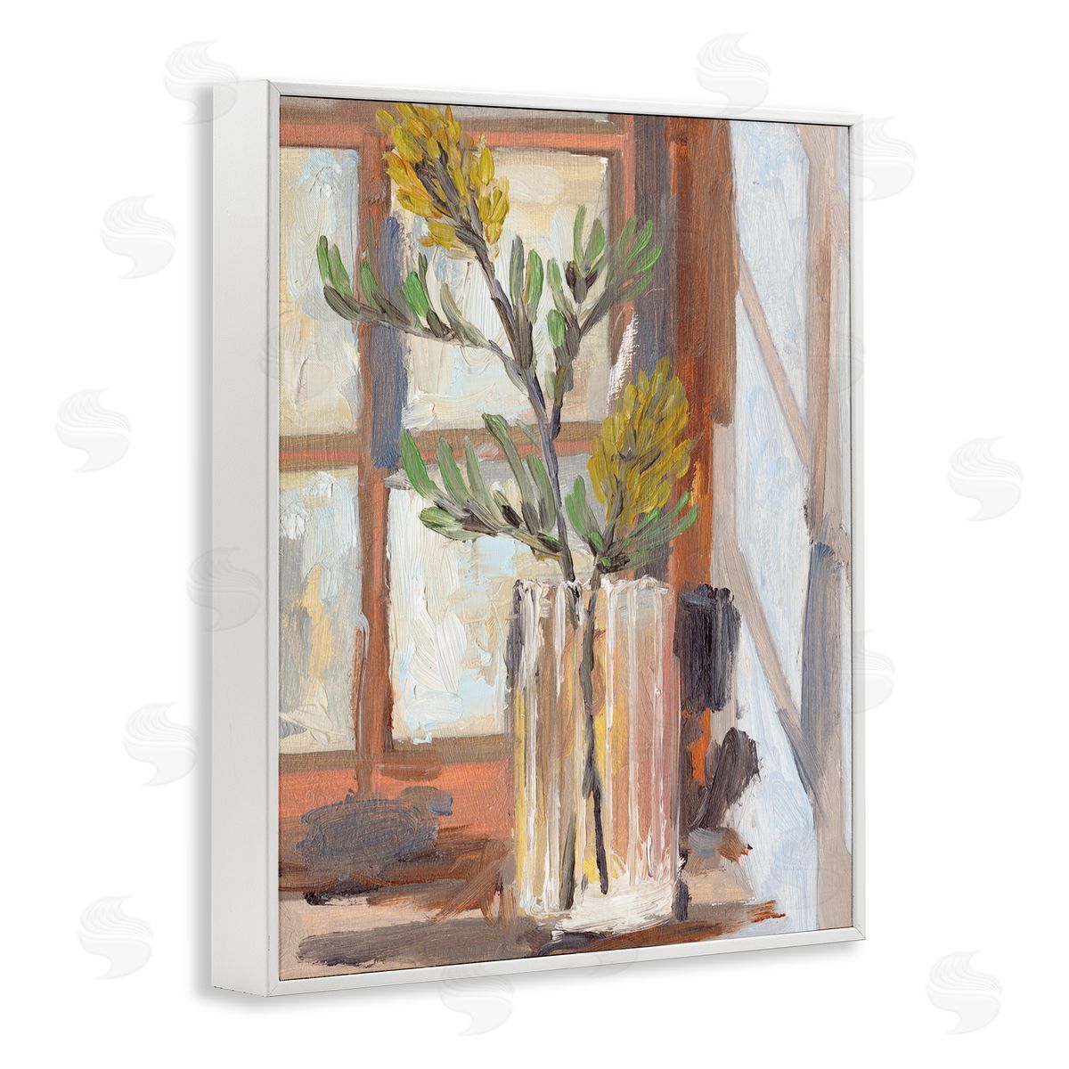Melissa Wang Charming Yellow Floral Jar Window Sill Flowers White Framed Giclee Wall Art