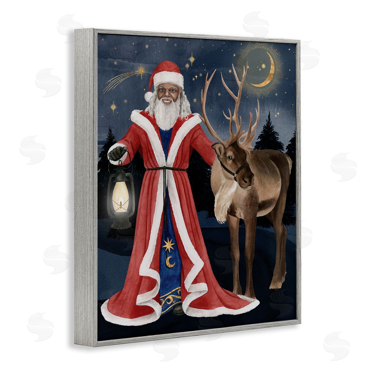 Grace Popp Santa Claus Under Night Sky Winter Lantern Gray Framed Giclee Wall Art