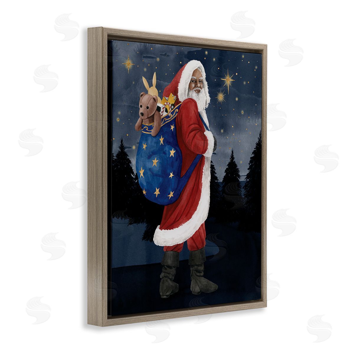 Grace Popp Santa Claus Sack of Toys Under Night Sky Brown Floater Frame Canvas Art