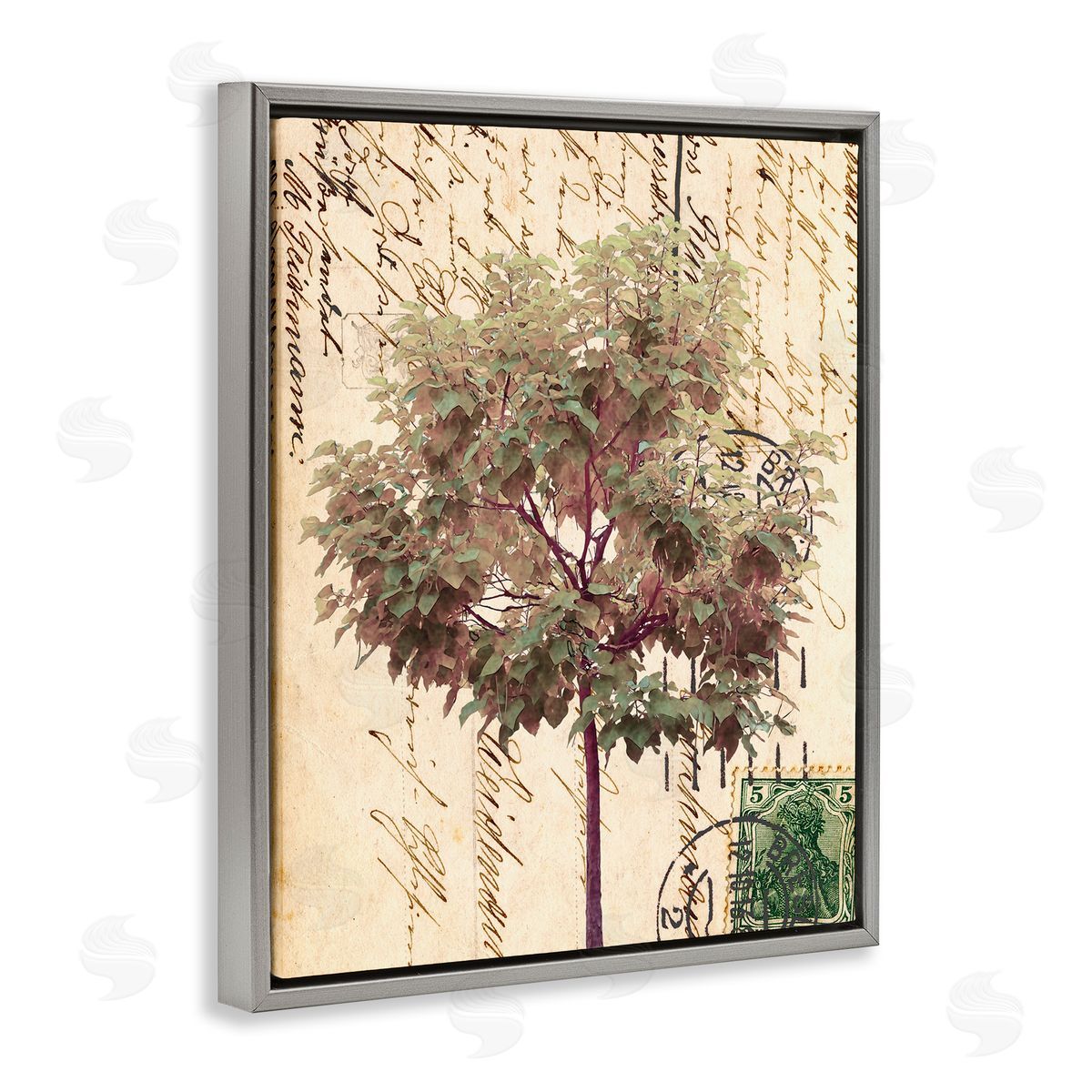 Alonzo Saunders Vintage Postal Script Note Red Root Tree Gray Floater Frame Canvas Art