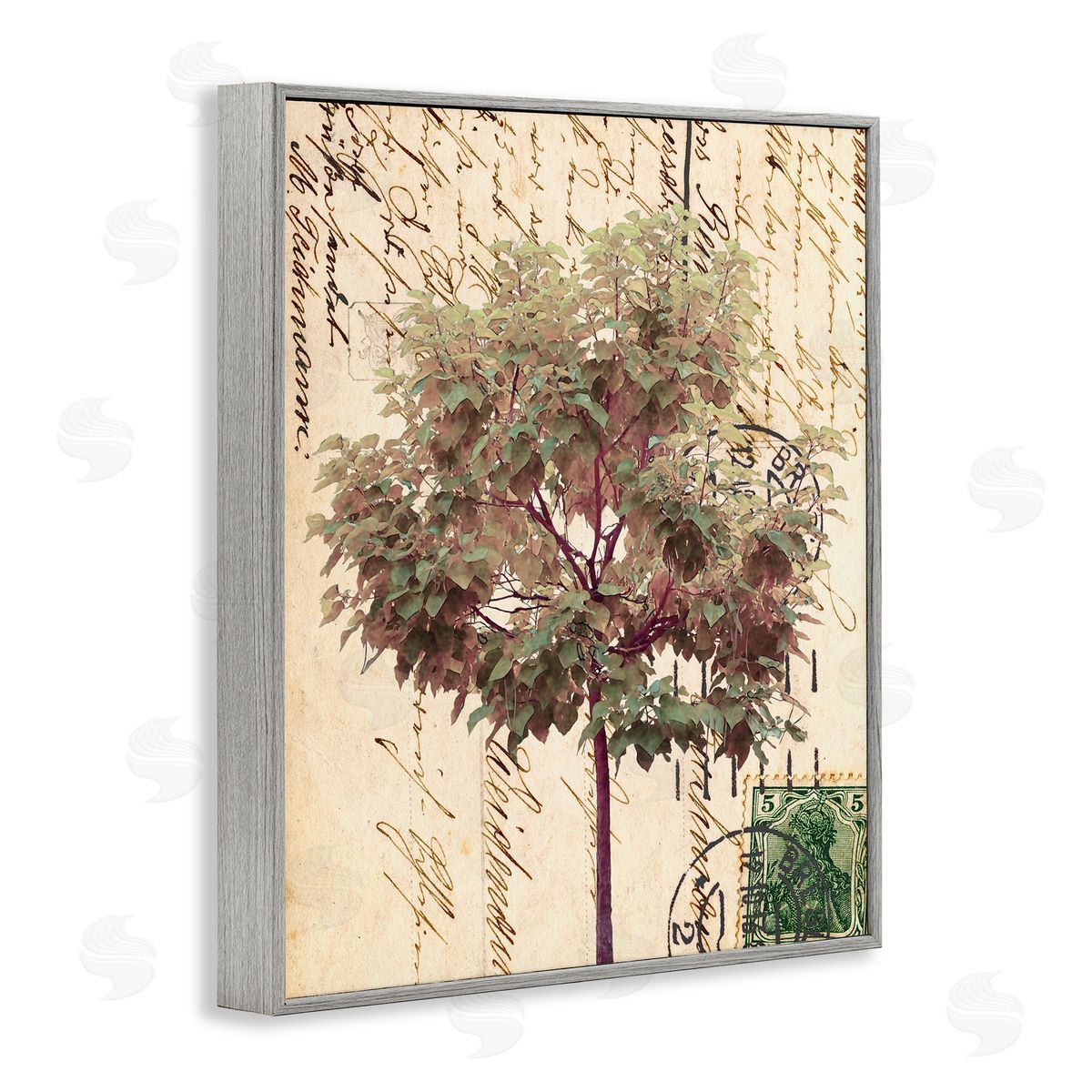 Alonzo Saunders Vintage Postal Script Note Red Root Tree Gray Framed Giclee Wall Art