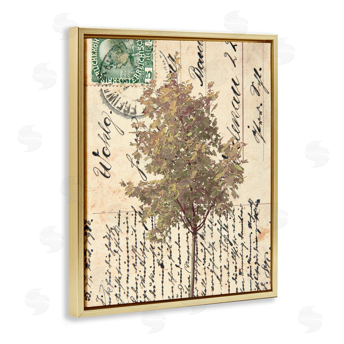 Alonzo Saunders Country Vintage Postal Card Autumn Tree Gold Floater Frame Canvas Art