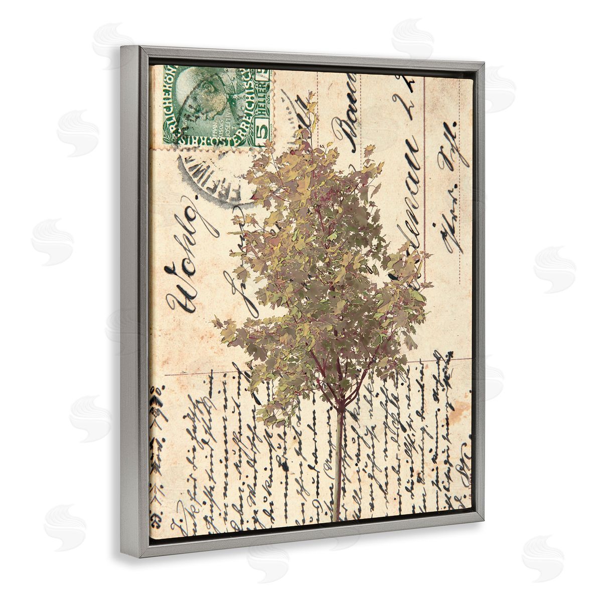 Alonzo Saunders Country Vintage Postal Card Autumn Tree Gray Floater Frame Canvas Art