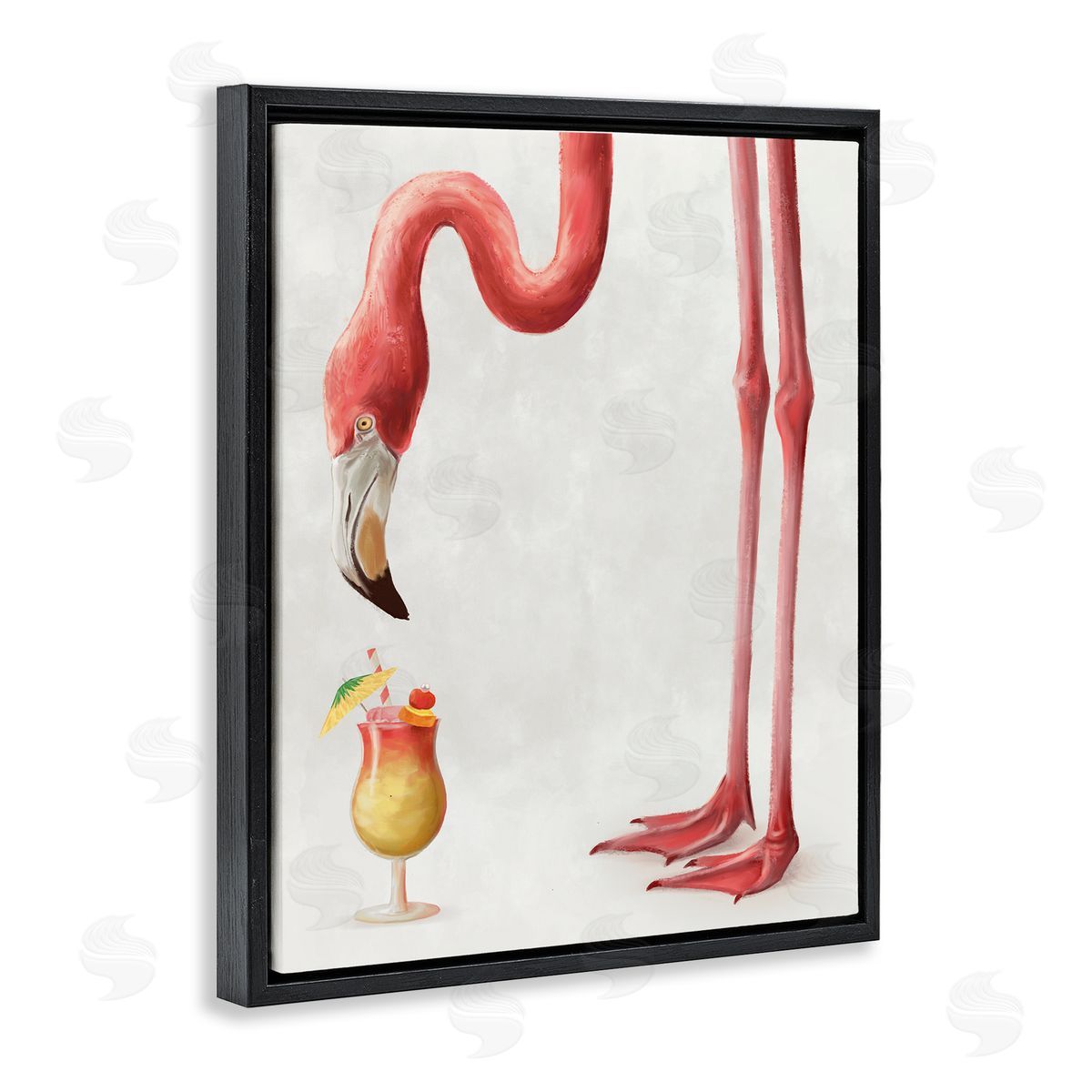 Ziwei Li Thirsty Pink Flamingo Mai Tai Tropical Cocktail Black Floater Frame Canvas Art