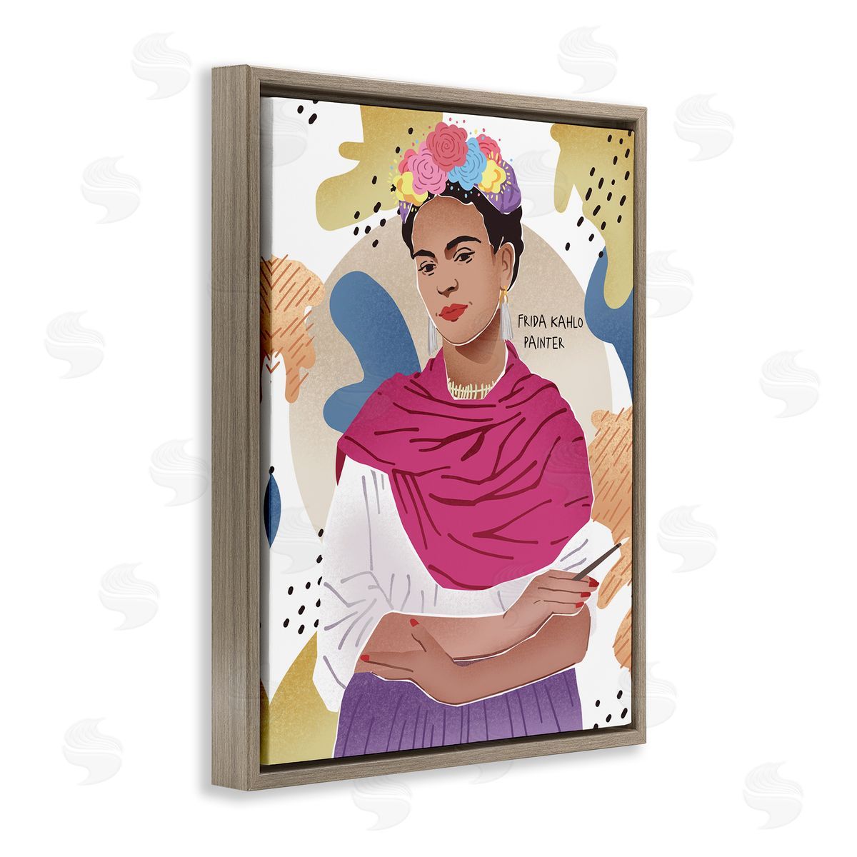 Ziwei Li Frida Posing with Paint Brush Abstract Round Pattern Brown Floater Frame Canvas Art