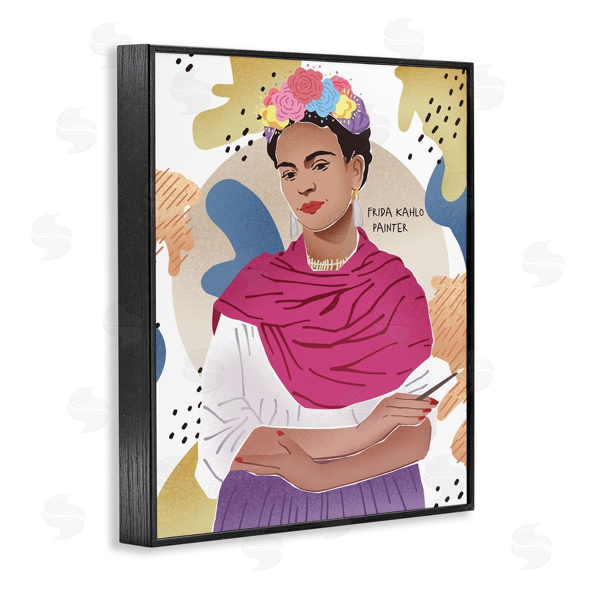 Ziwei Li Frida Posing with Paint Brush Abstract Round Pattern Black Framed Giclee Wall Art