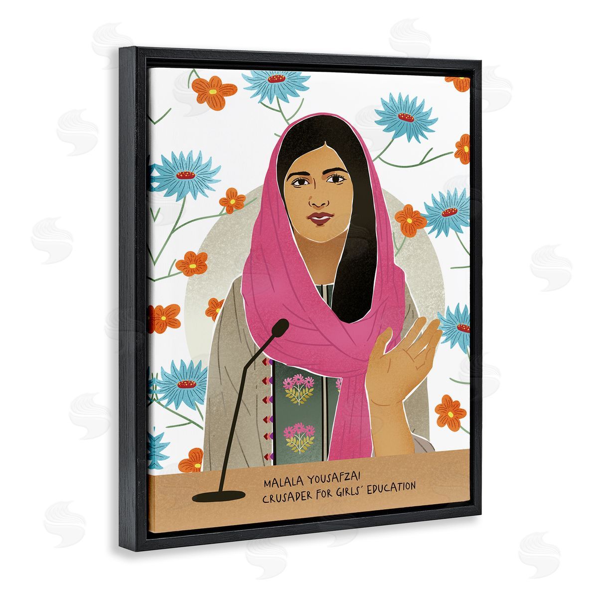 Ziwei Li Malala Speech Over Blue Orange Florals Female Icon Black Floater Frame Canvas Art