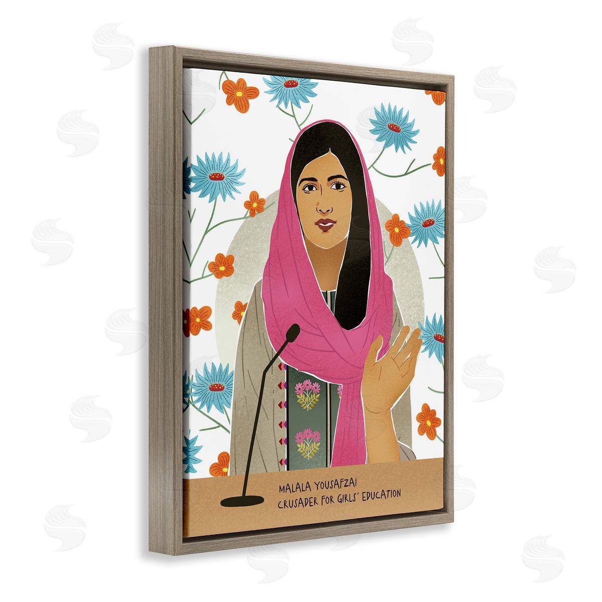 Ziwei Li Malala Speech Over Blue Orange Florals Female Icon Brown Floater Frame Canvas Art
