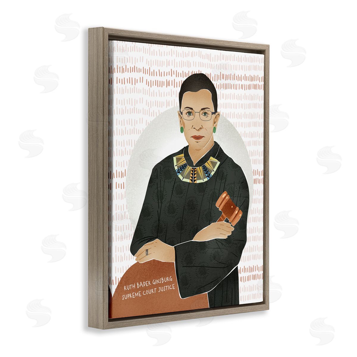 Ziwei Li Judge Ginsburg With Gavel Over Abstract Pattern Brown Floater Frame Canvas Art