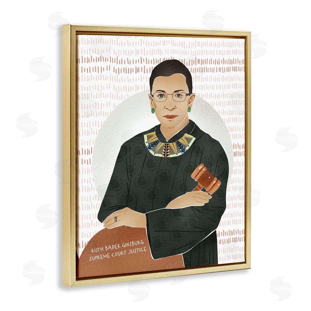 Ziwei Li Judge Ginsburg With Gavel Over Abstract Pattern Gold Floater Frame Canvas Art