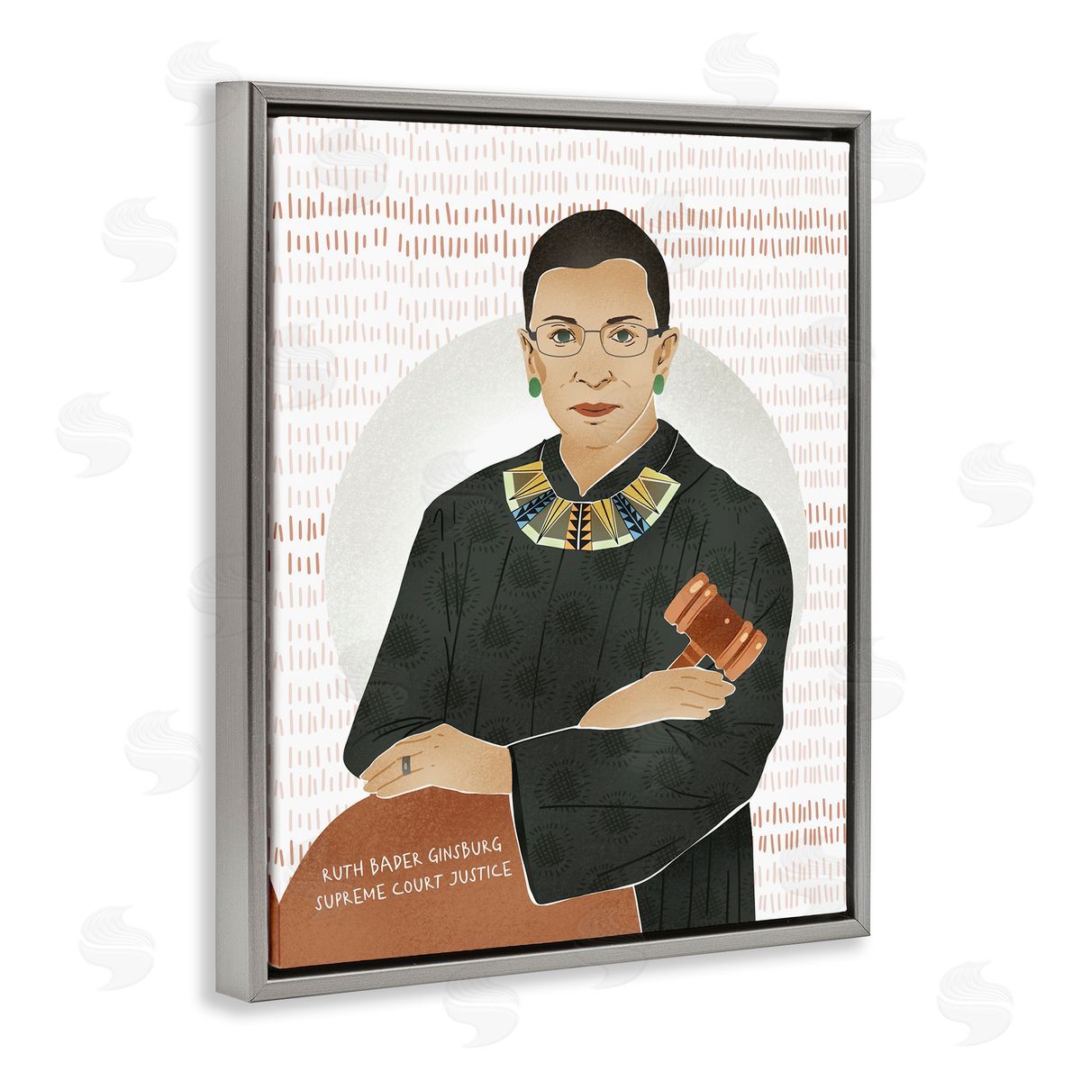 Ziwei Li Judge Ginsburg With Gavel Over Abstract Pattern Gray Floater Frame Canvas Art