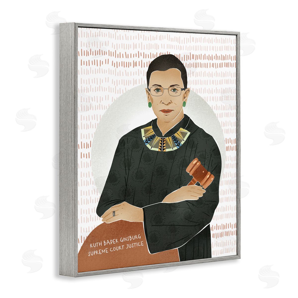 Ziwei Li Judge Ginsburg With Gavel Over Abstract Pattern Gray Framed Giclee Wall Art