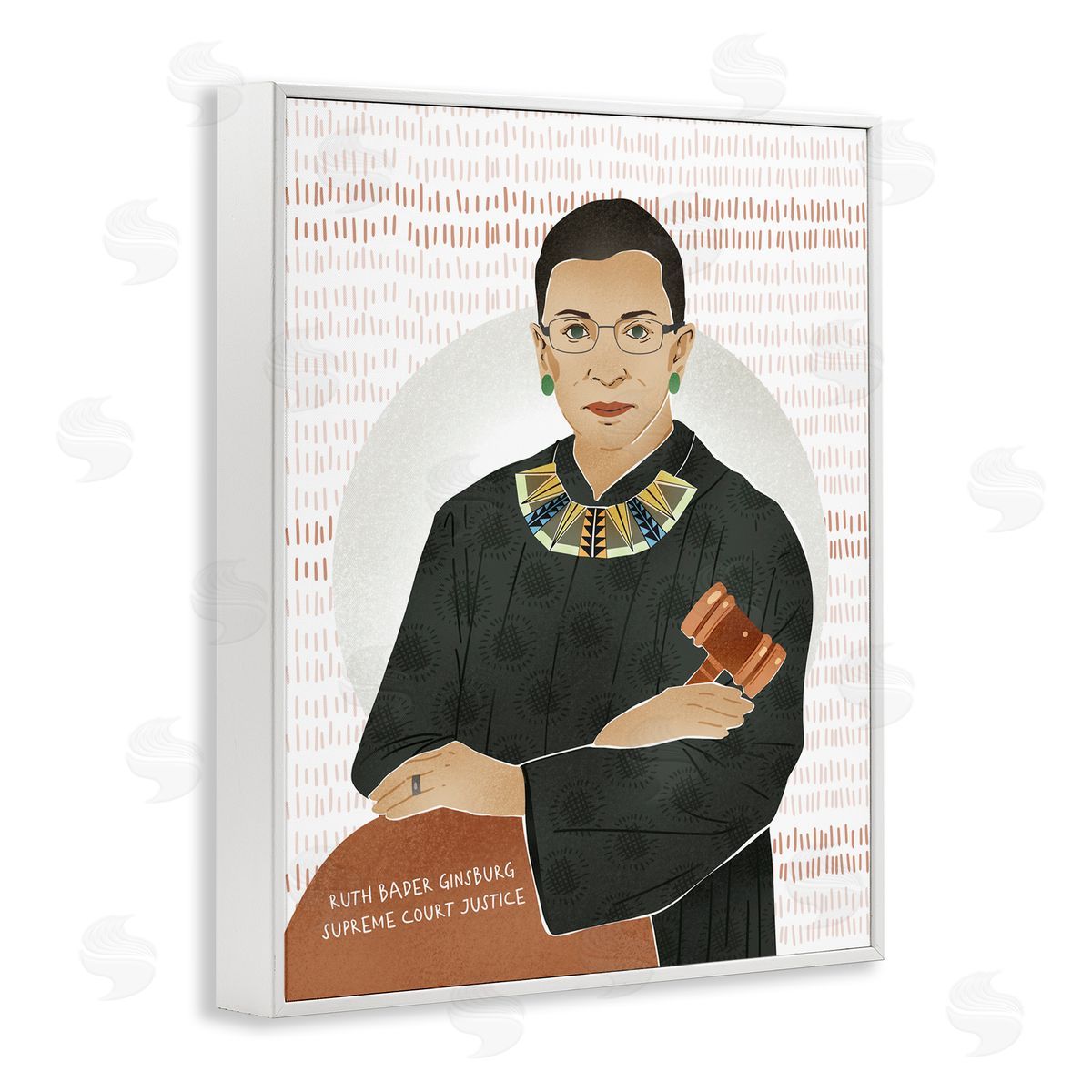 Ziwei Li Judge Ginsburg With Gavel Over Abstract Pattern White Framed Giclee Wall Art