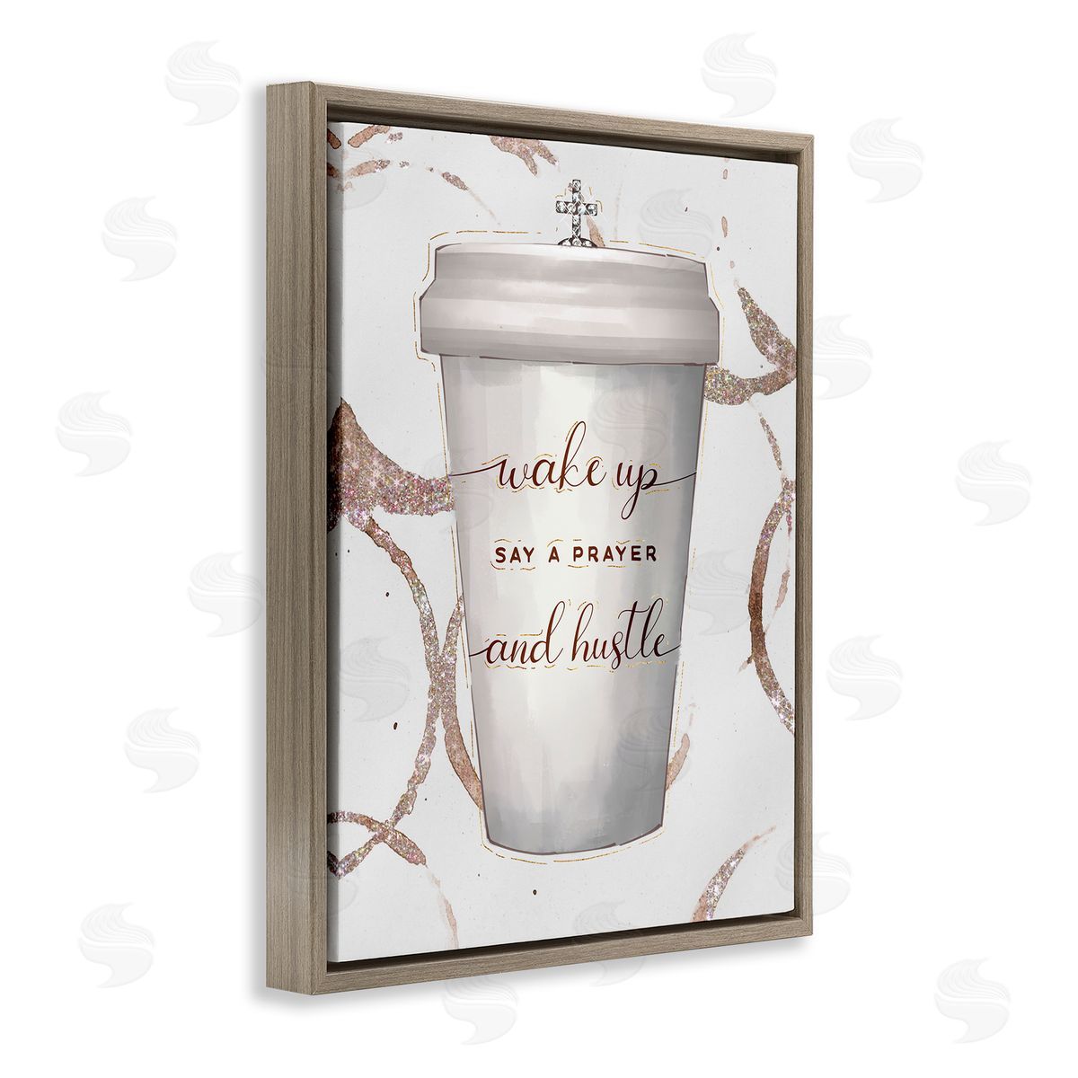 Ziwei Li Wake Up Pray Hustle Phrase Coffee Cup Glam Brown Floater Frame Canvas Art