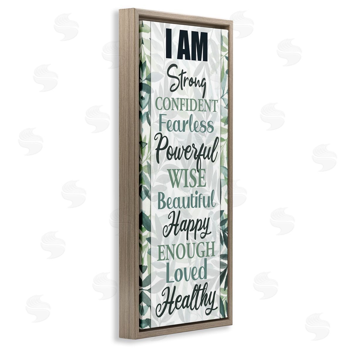 Kim Allen I Am Inspirational Phrases over Tropical Green Palms Brown Floater Frame Canvas Art