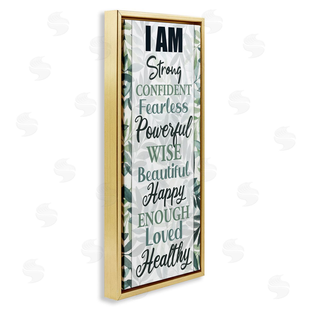 Kim Allen I Am Inspirational Phrases over Tropical Green Palms Gold Floater Frame Canvas Art