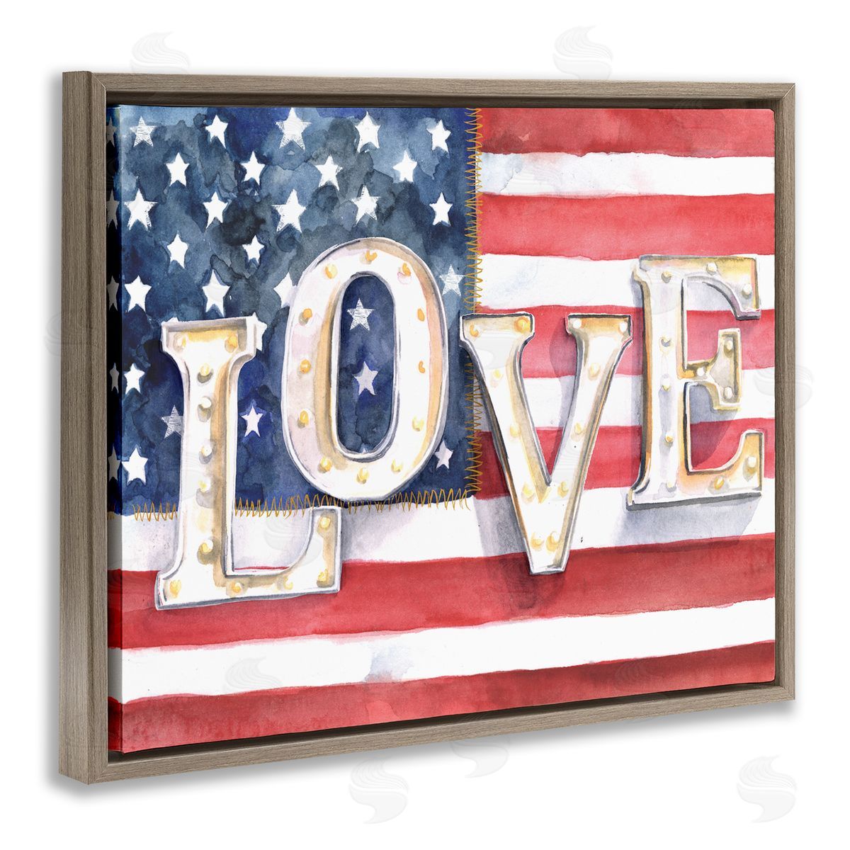 Jennifer Paxton Parker Vintage Love Text Over Stitched American Flag  Brown Floater Frame Canvas Art