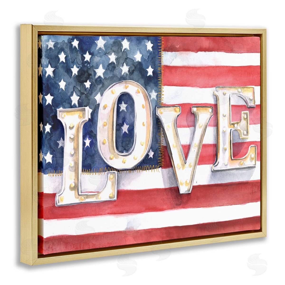 Jennifer Paxton Parker Vintage Love Text Over Stitched American Flag  Gold Floater Frame Canvas Art