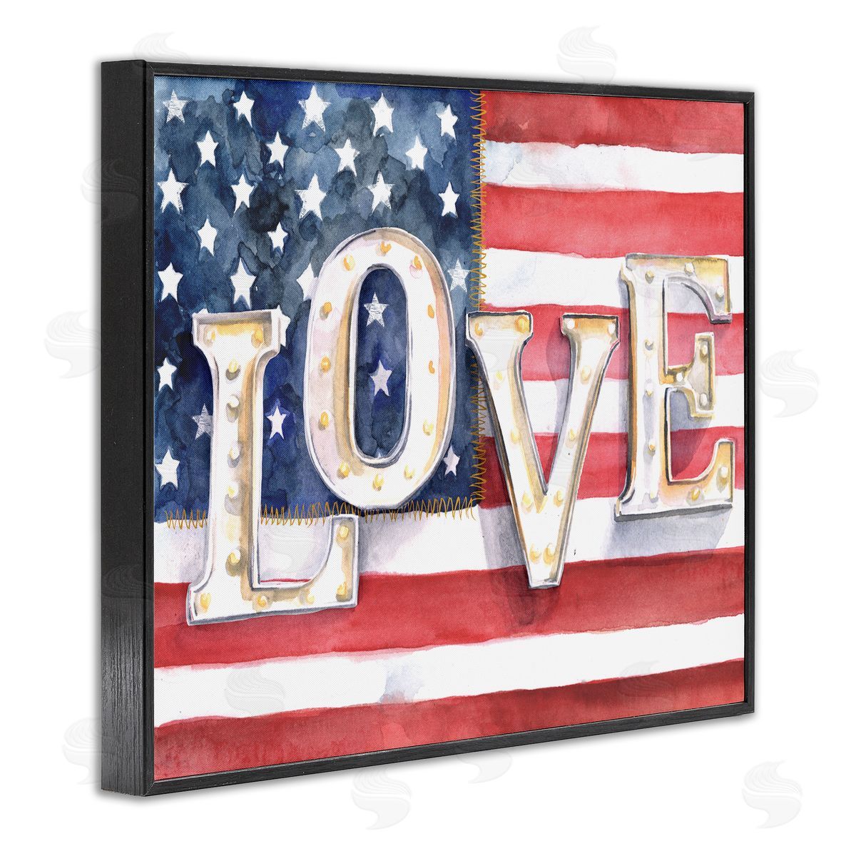 Jennifer Paxton Parker Vintage Love Text Over Stitched American Flag  Black Framed Giclee Wall Art