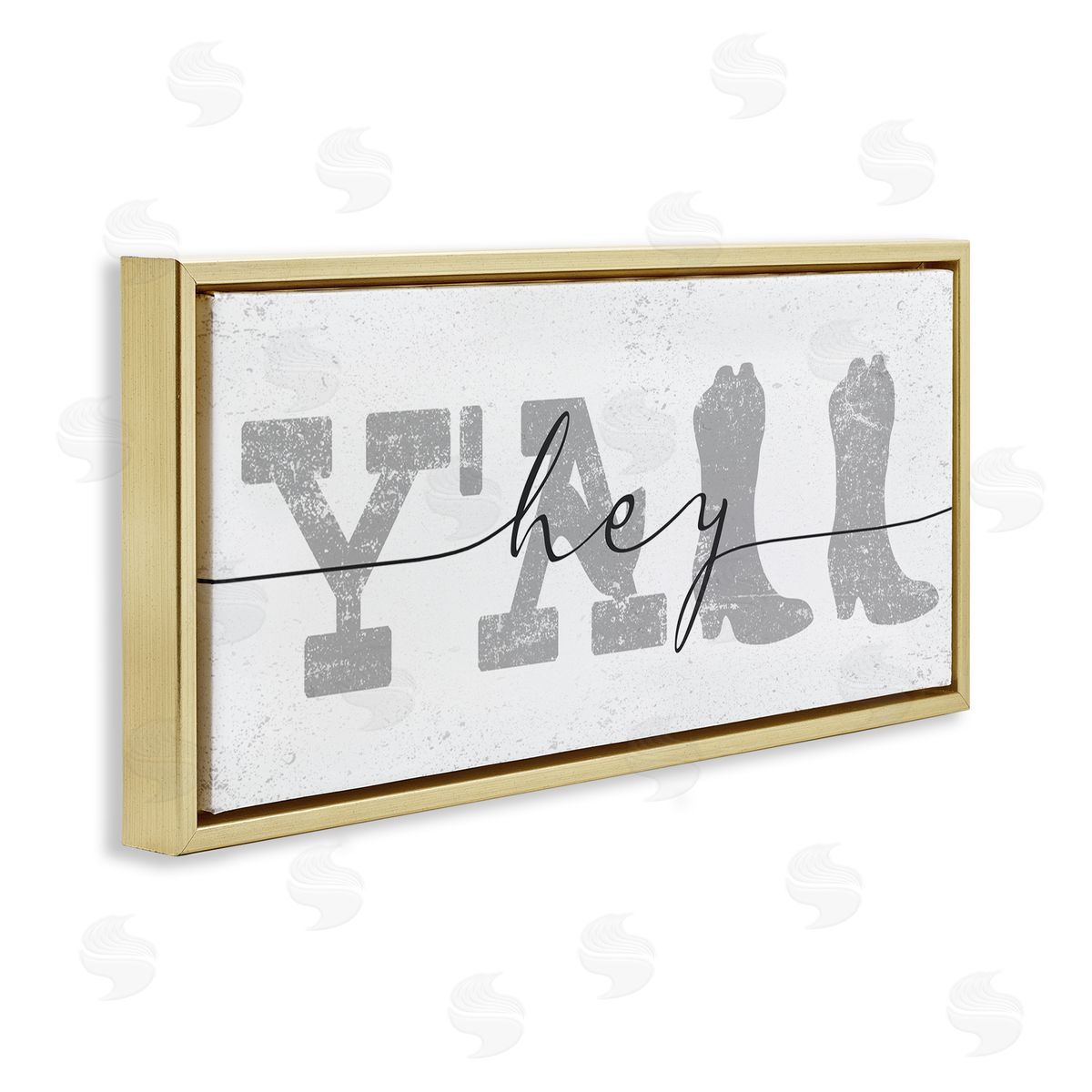 Stupell Studio Distressed Western Hey Y'all Cowboy Boots Phrase Gold Floater Frame Canvas Art