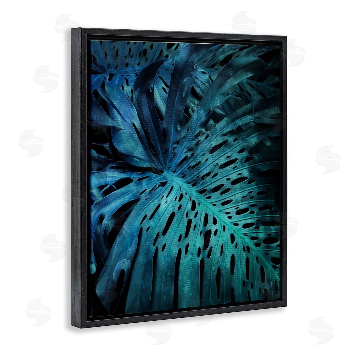 Milli Villa Blue Tropical Palm Leaves Dark Forest Plants Black Floater Frame Canvas Art