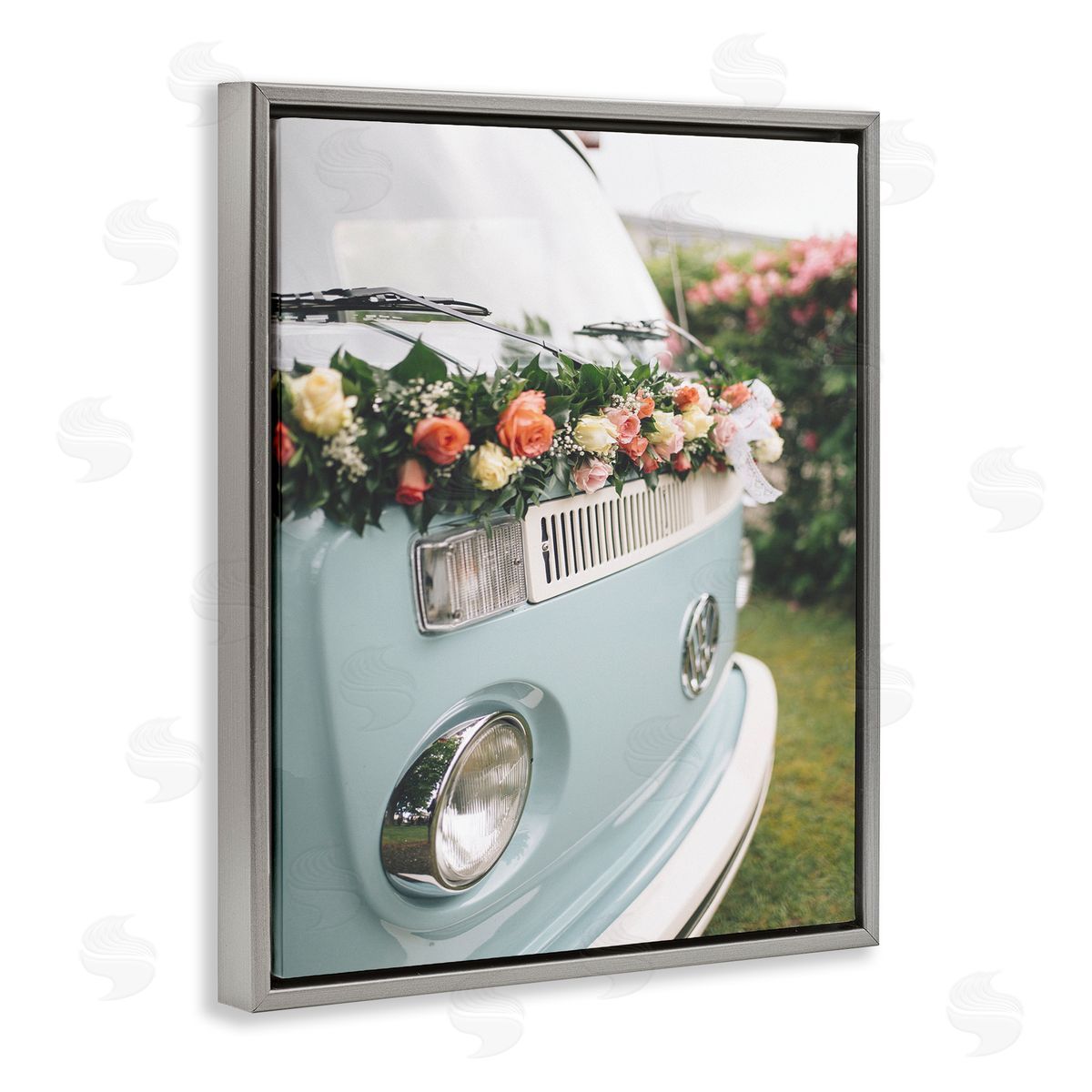 Stupell Studio Classic Retro Blue Van Spring Rose Florals Gray Floater Frame Canvas Art