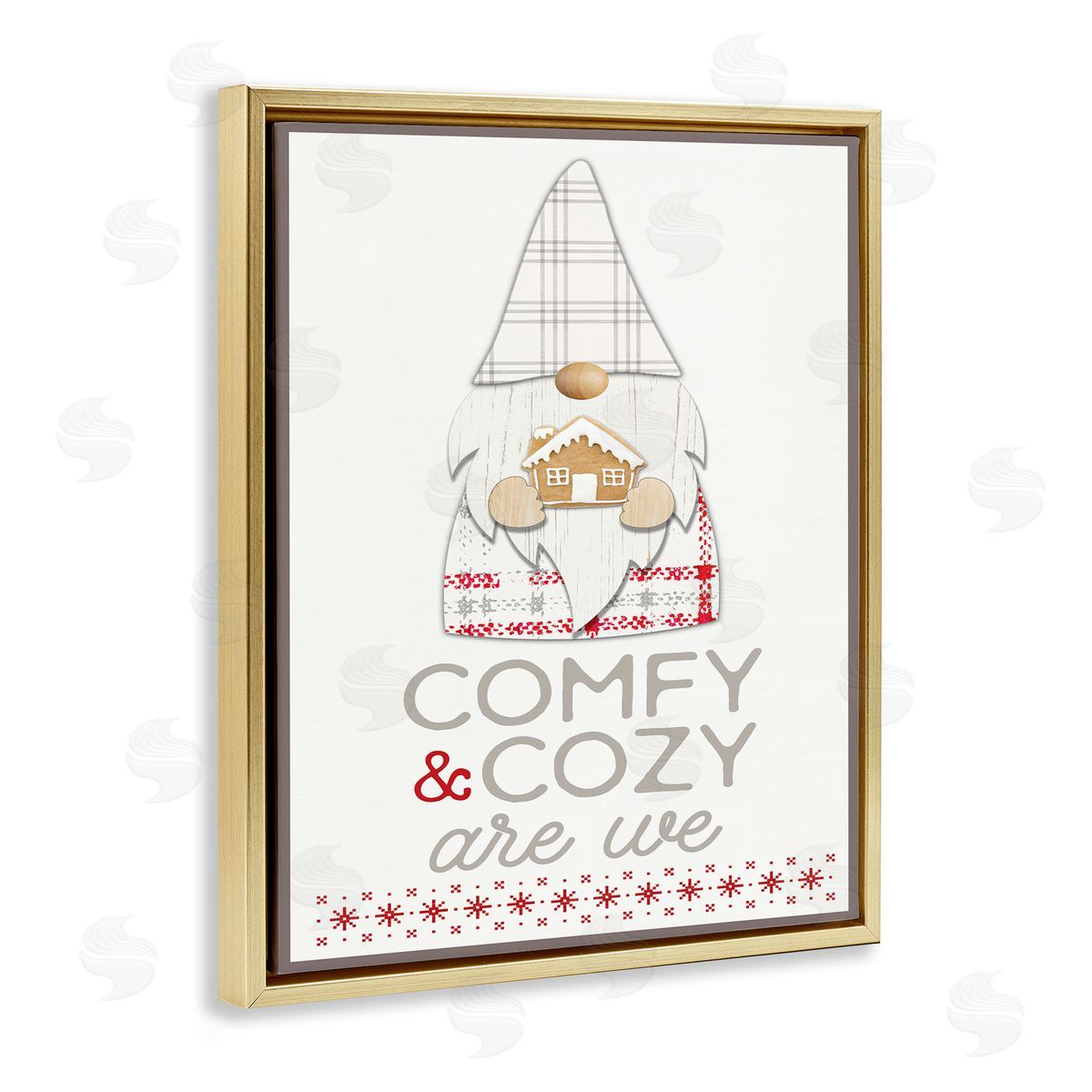 Fluidity/PDR LLC. Comfy and Cozy Phrase Red Plaid Christmas Gnome  Gold Floater Frame Canvas Art