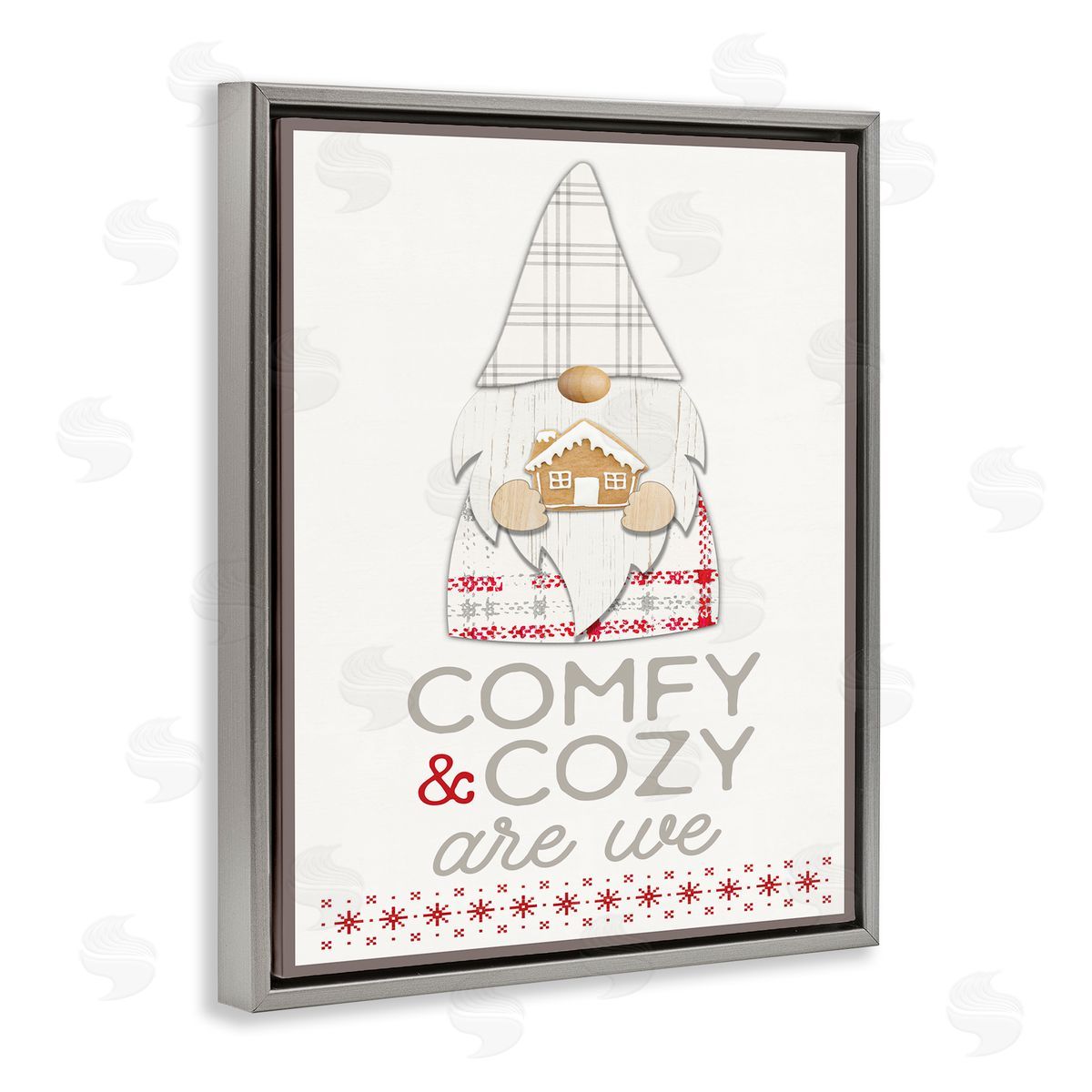 Fluidity/PDR LLC. Comfy and Cozy Phrase Red Plaid Christmas Gnome  Gray Floater Frame Canvas Art